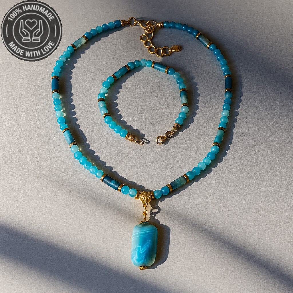 Huzur, Nazar Koruması Ve İletişim Gücü İçin Mavi Akik Kolye Bileklik Seti