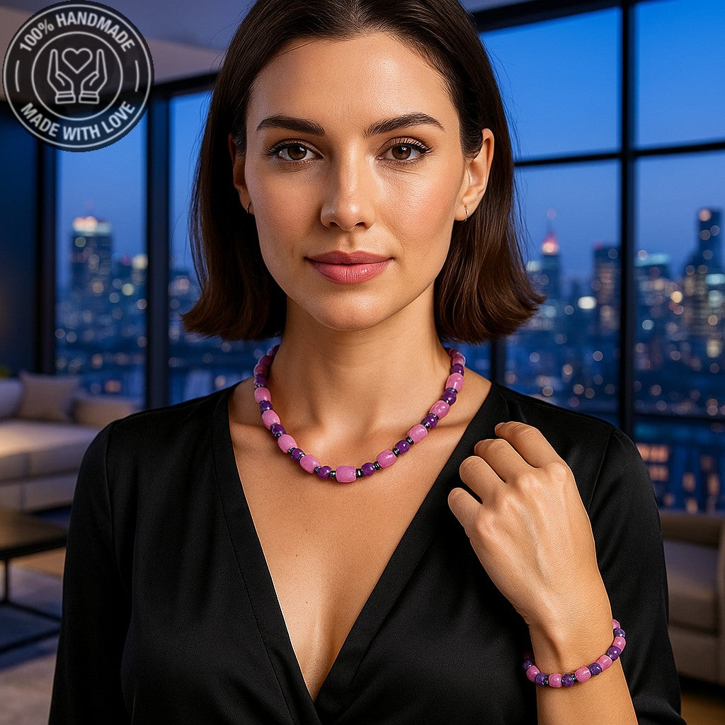 Sevgi, Huzur Ve Denge İçin Pembe Mor Ceyt Kolye Bileklik Seti