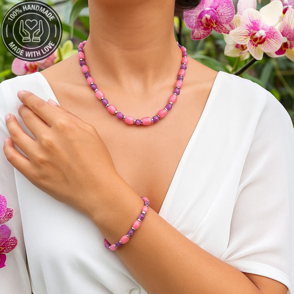 Sevgi, Huzur Ve Denge İçin Pembe Mor Ceyt Kolye Bileklik Seti