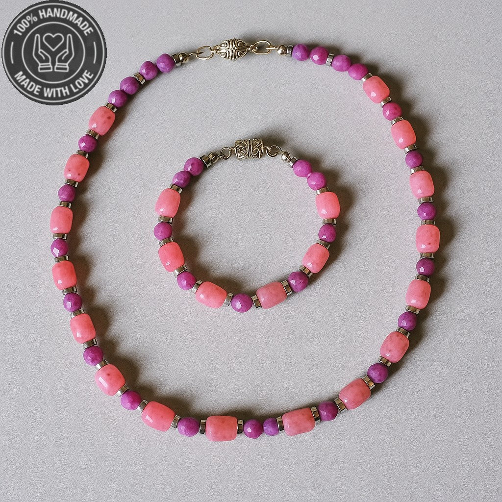 Sevgi, Huzur Ve Denge İçin Pembe Mor Ceyt Kolye Bileklik Seti