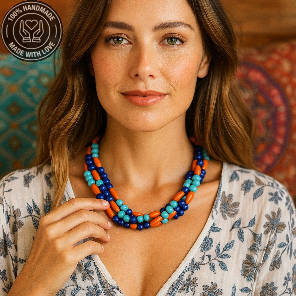 Nazar Koruması Ve Pozitif Enerji İçin Turkuaz Lacivert Akik Ahşap 3 Sıralı Kolye