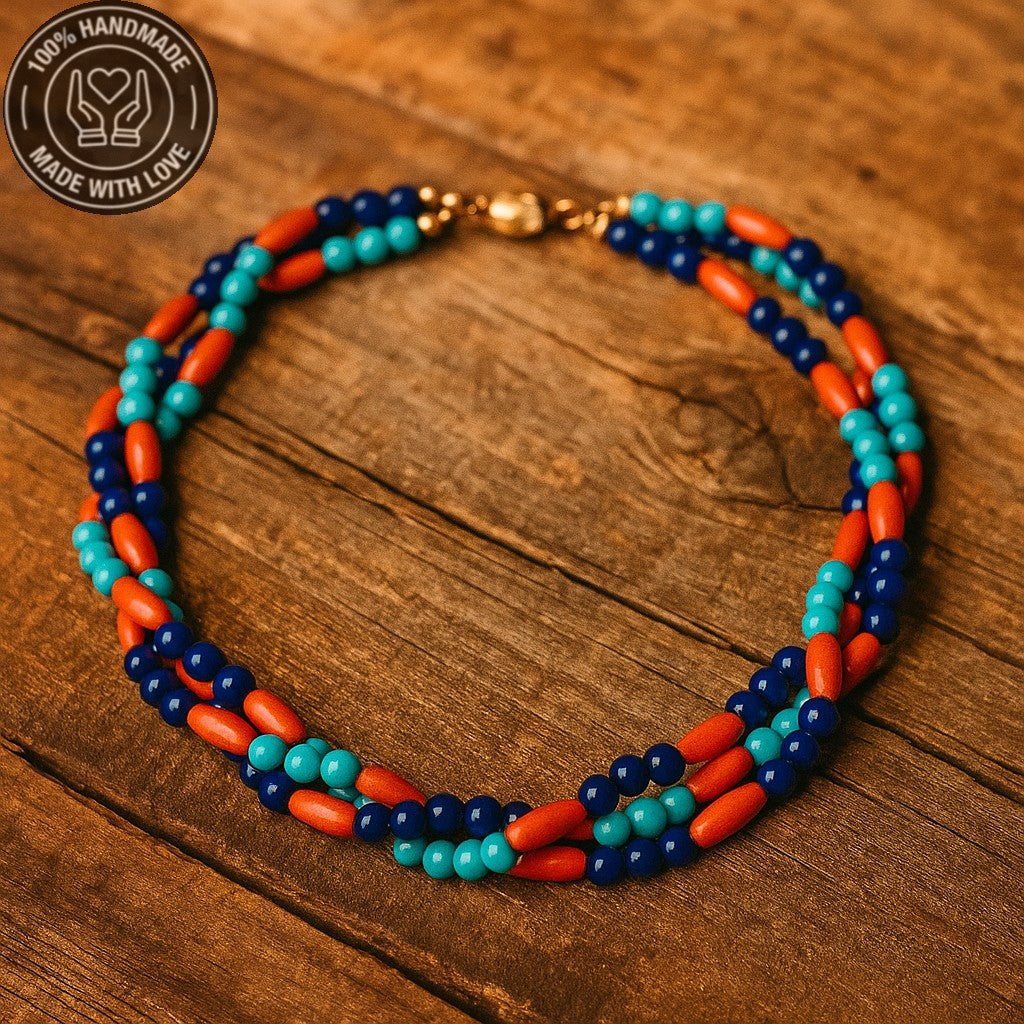 Nazar Koruması Ve Pozitif Enerji İçin Turkuaz Lacivert Akik Ahşap 3 Sıralı Kolye