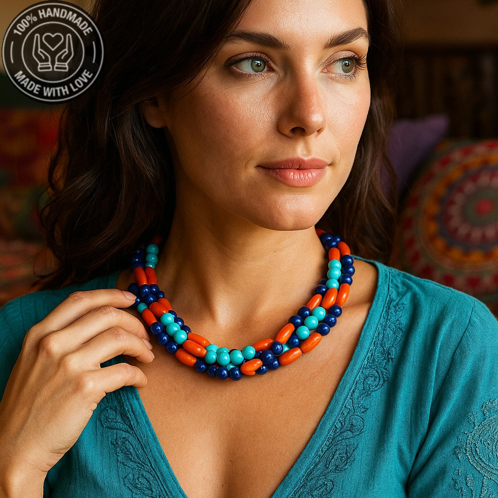 Nazar Koruması Ve Pozitif Enerji İçin Turkuaz Lacivert Akik Ahşap 3 Sıralı Kolye