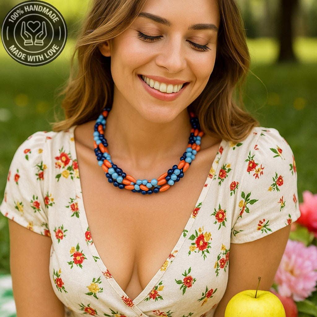 Nazar Koruması Ve Pozitif Enerji İçin Turkuaz Lacivert Akik Ahşap 3 Sıralı Kolye