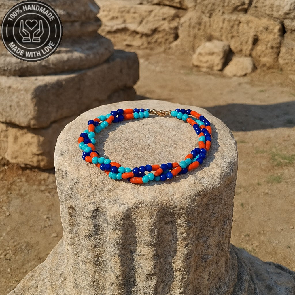 Nazar Koruması Ve Pozitif Enerji İçin Turkuaz Lacivert Akik Ahşap 3 Sıralı Kolye