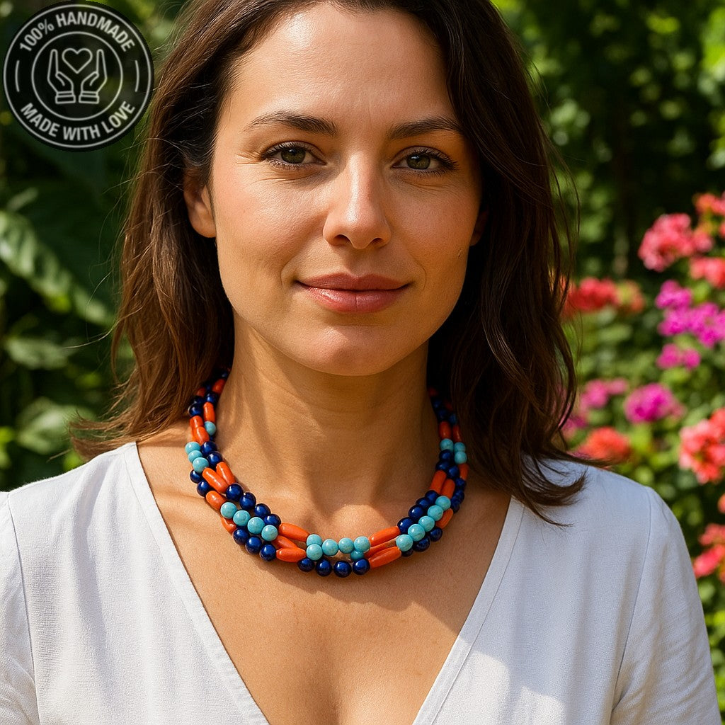 Nazar Koruması Ve Pozitif Enerji İçin Turkuaz Lacivert Akik Ahşap 3 Sıralı Kolye