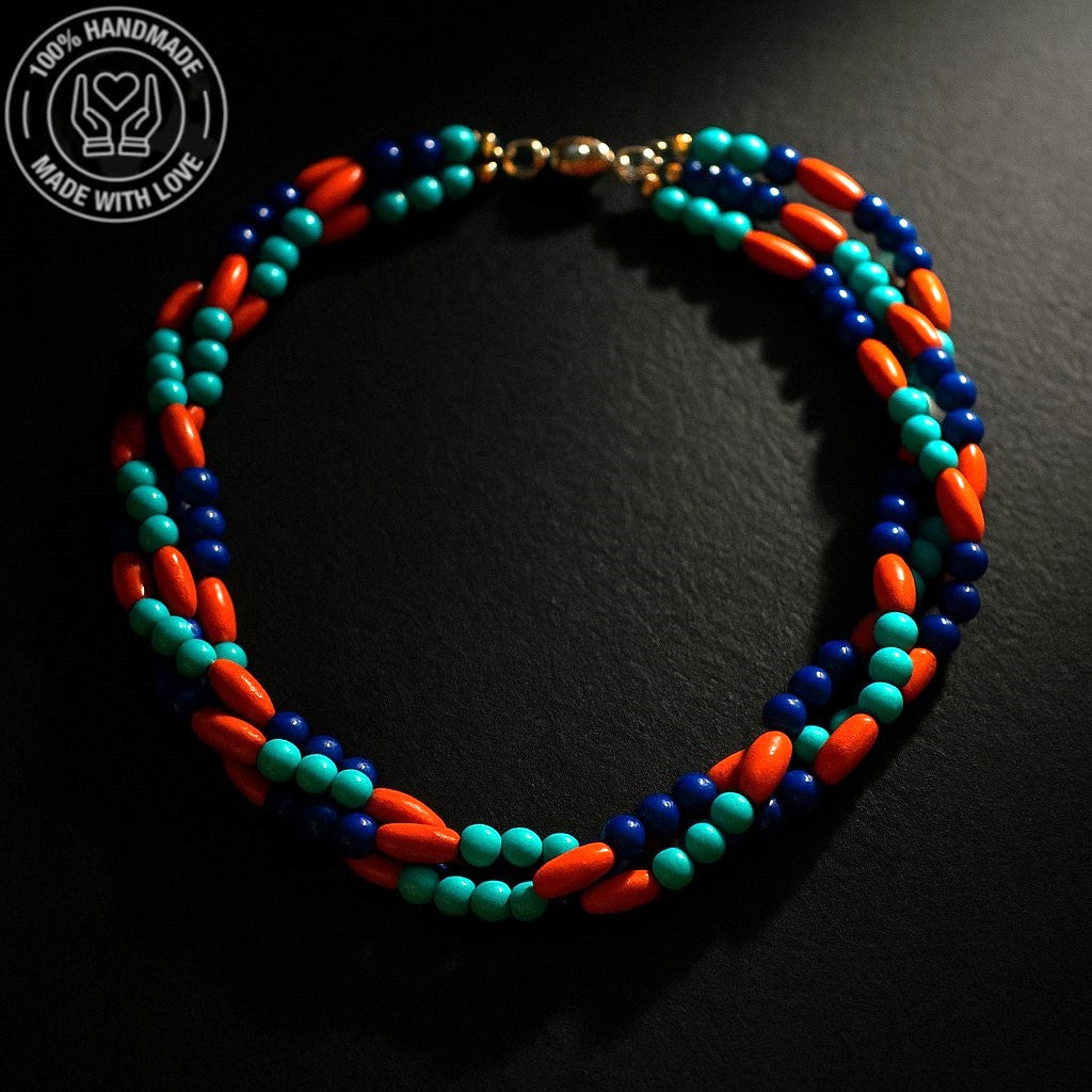 Nazar Koruması Ve Pozitif Enerji İçin Turkuaz Lacivert Akik Ahşap 3 Sıralı Kolye