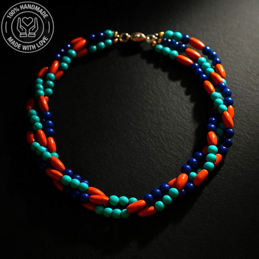 Nazar Koruması Ve Pozitif Enerji İçin Turkuaz Lacivert Akik Ahşap 3 Sıralı Kolye