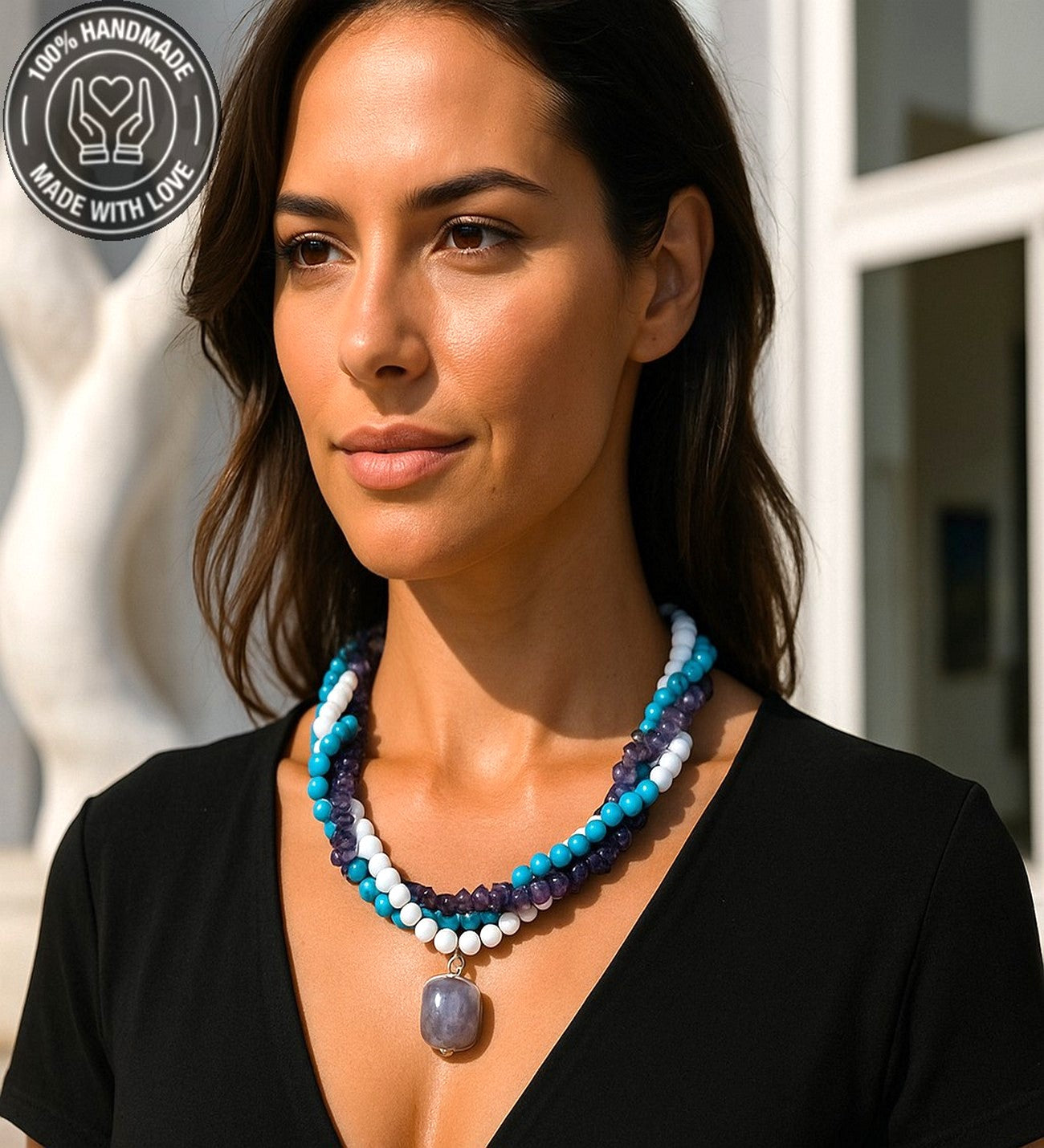 Ametist Akik Turkuaz 3 Sıralı Kolye Koruma Ve Iletişim Güçlendirme Kolyesi