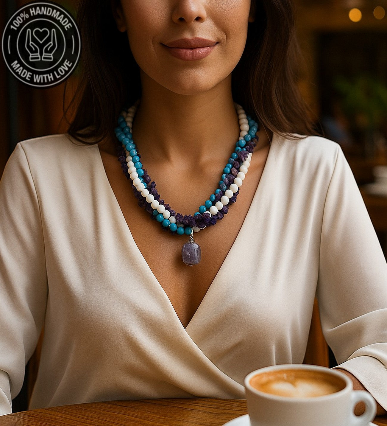 Ametist Akik Turkuaz 3 Sıralı Kolye Koruma Ve Iletişim Güçlendirme Kolyesi