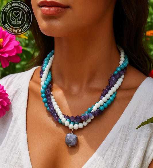 Ametist Akik Turkuaz 3 Sıralı Kolye Koruma Ve Iletişim Güçlendirme Kolyesi