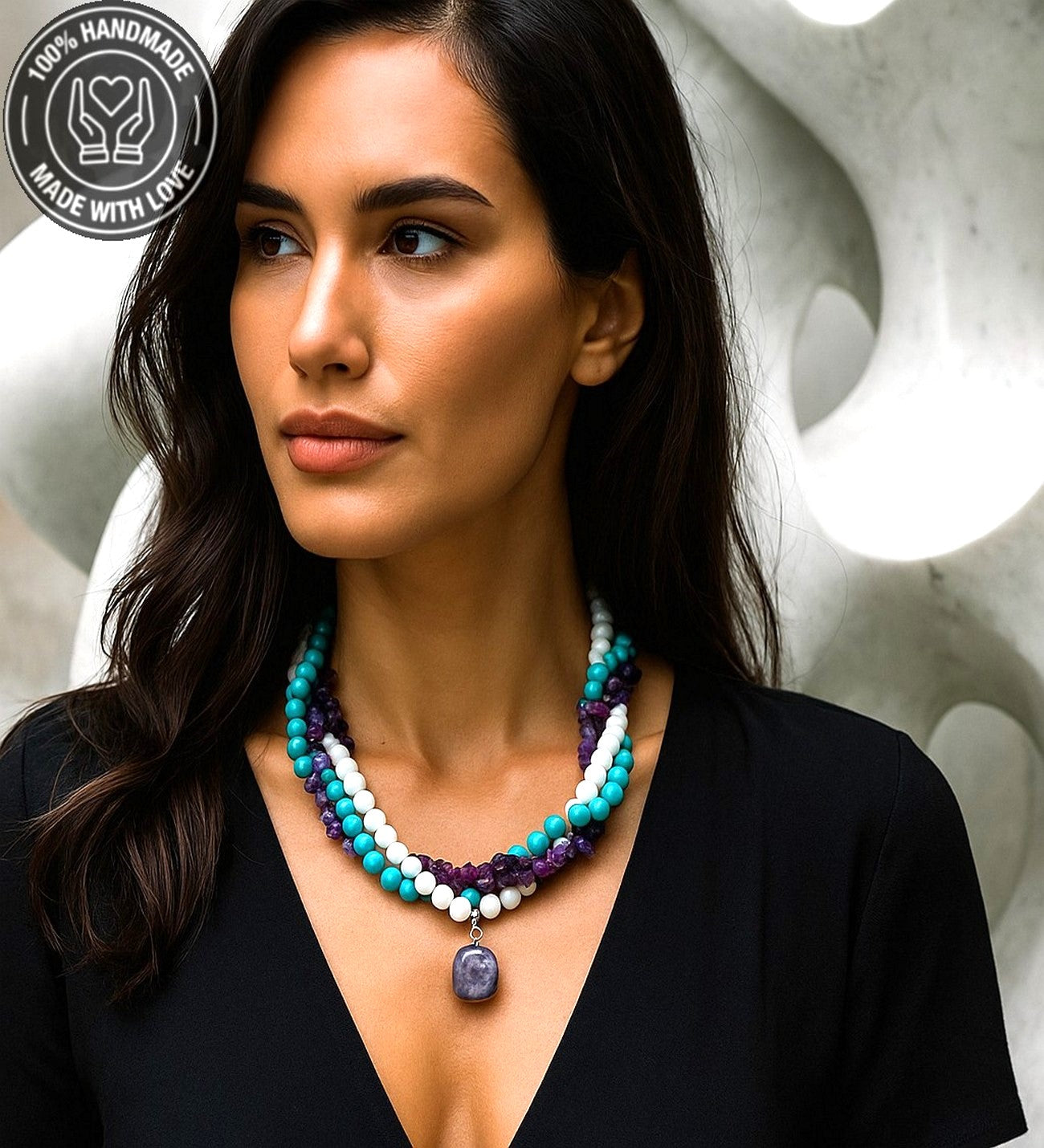 Ametist Akik Turkuaz 3 Sıralı Kolye Koruma Ve Iletişim Güçlendirme Kolyesi