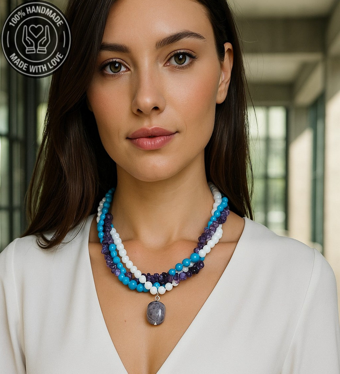 Ametist Akik Turkuaz 3 Sıralı Kolye Koruma Ve Iletişim Güçlendirme Kolyesi