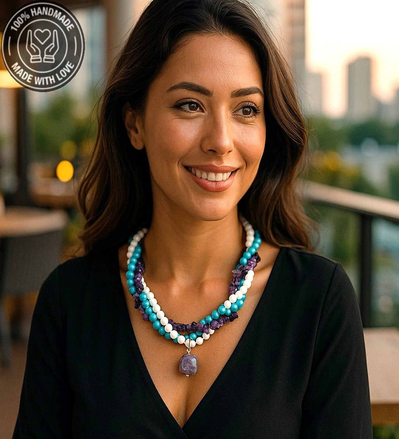 Ametist Akik Turkuaz 3 Sıralı Kolye Koruma Ve Iletişim Güçlendirme Kolyesi