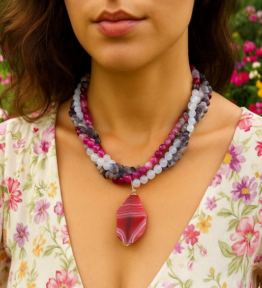 Ametist Dumanlı Kuvars Pembe Akik 3 Sıralı Huzur, Bilgelik Ve Ruhsal Farkındalık Kolyesi