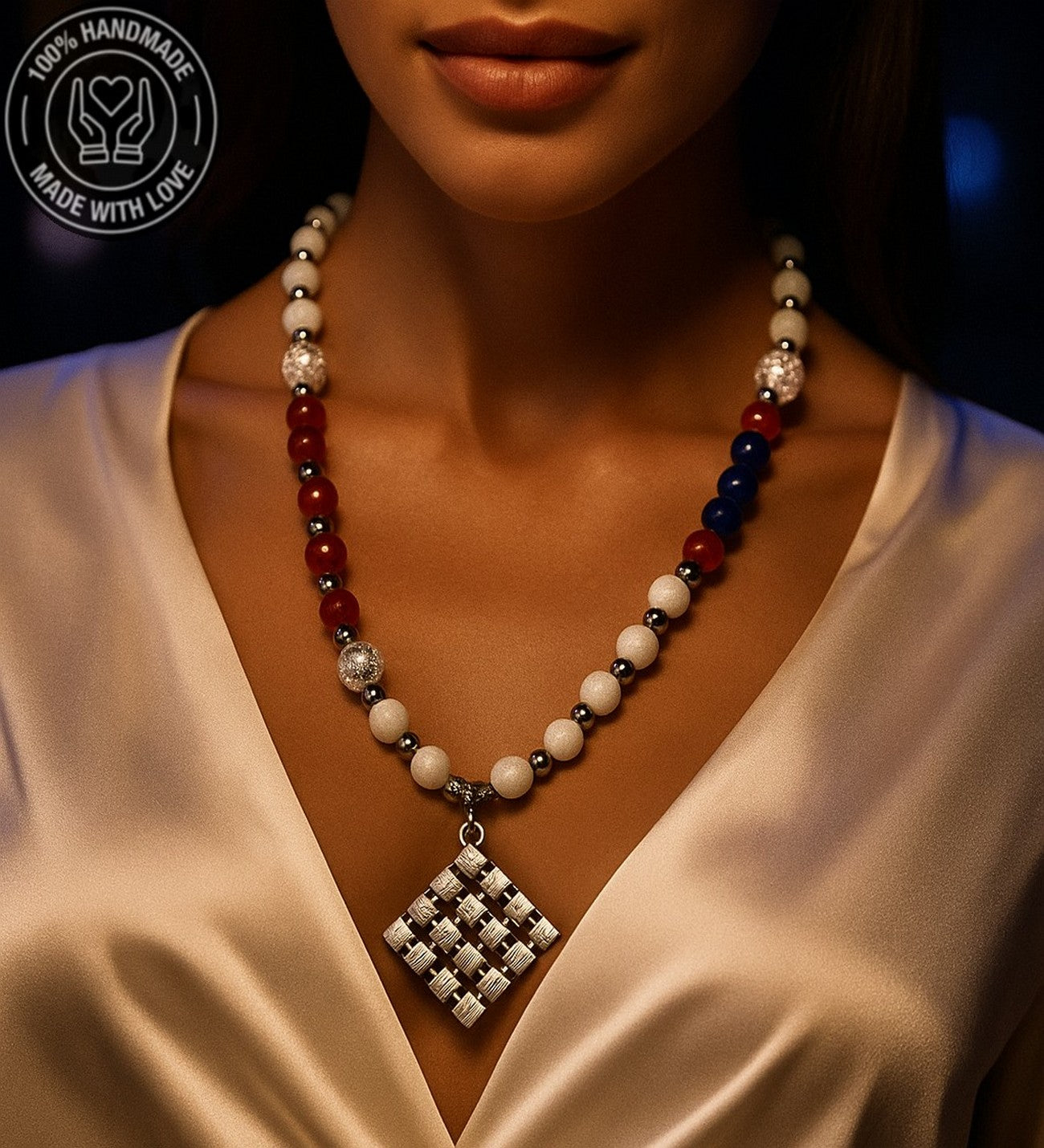 Beyaz Kızıl Mavi Ceyt Jasper Uzun Huzur Bereket Özgüven Kolyesi