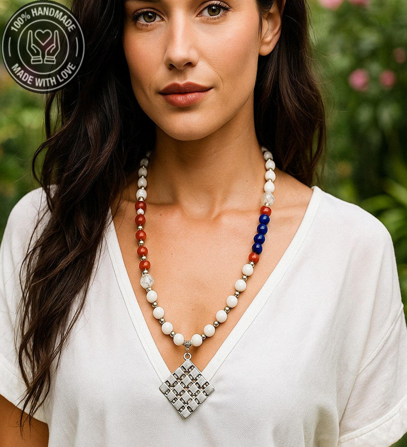 Beyaz Kızıl Mavi Ceyt Jasper Uzun Huzur Bereket Özgüven Kolyesi