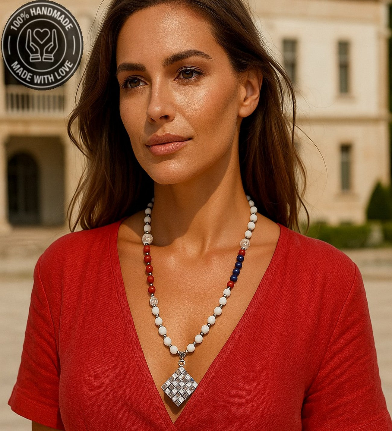 Beyaz Kızıl Mavi Ceyt Jasper Uzun Huzur Bereket Özgüven Kolyesi