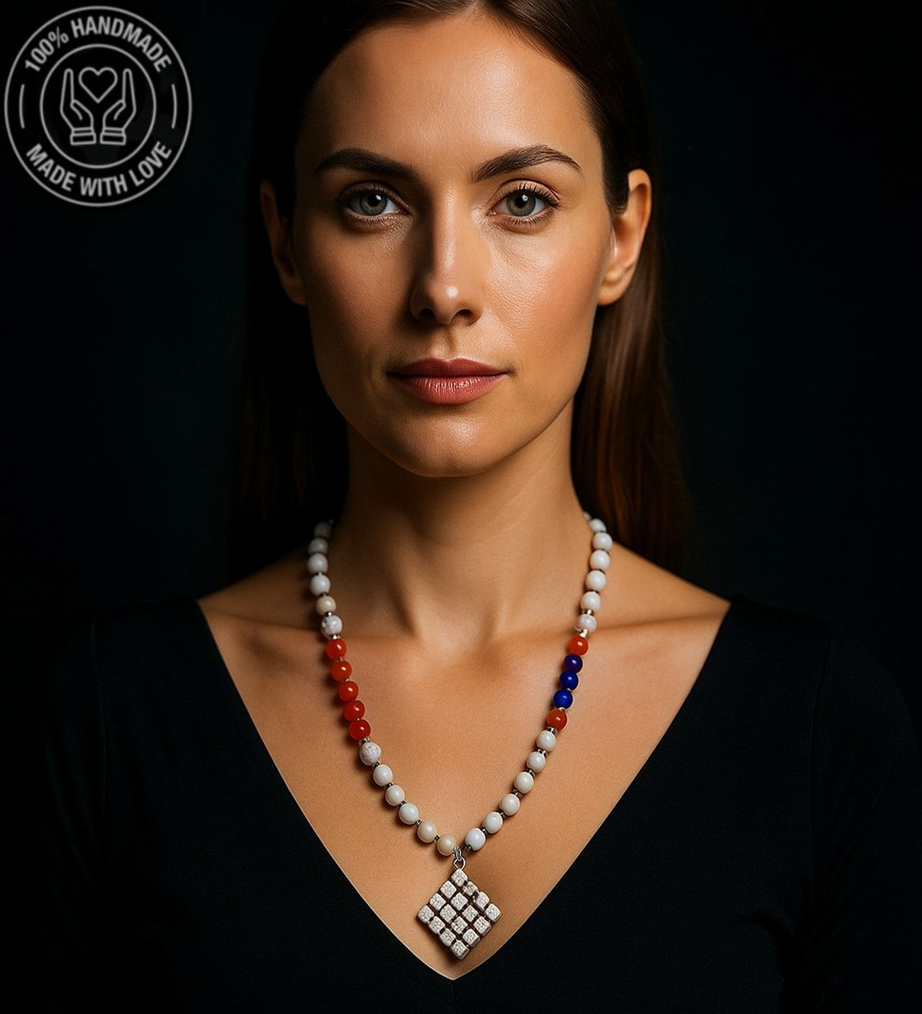 Beyaz Kızıl Mavi Ceyt Jasper Uzun Huzur Bereket Özgüven Kolyesi