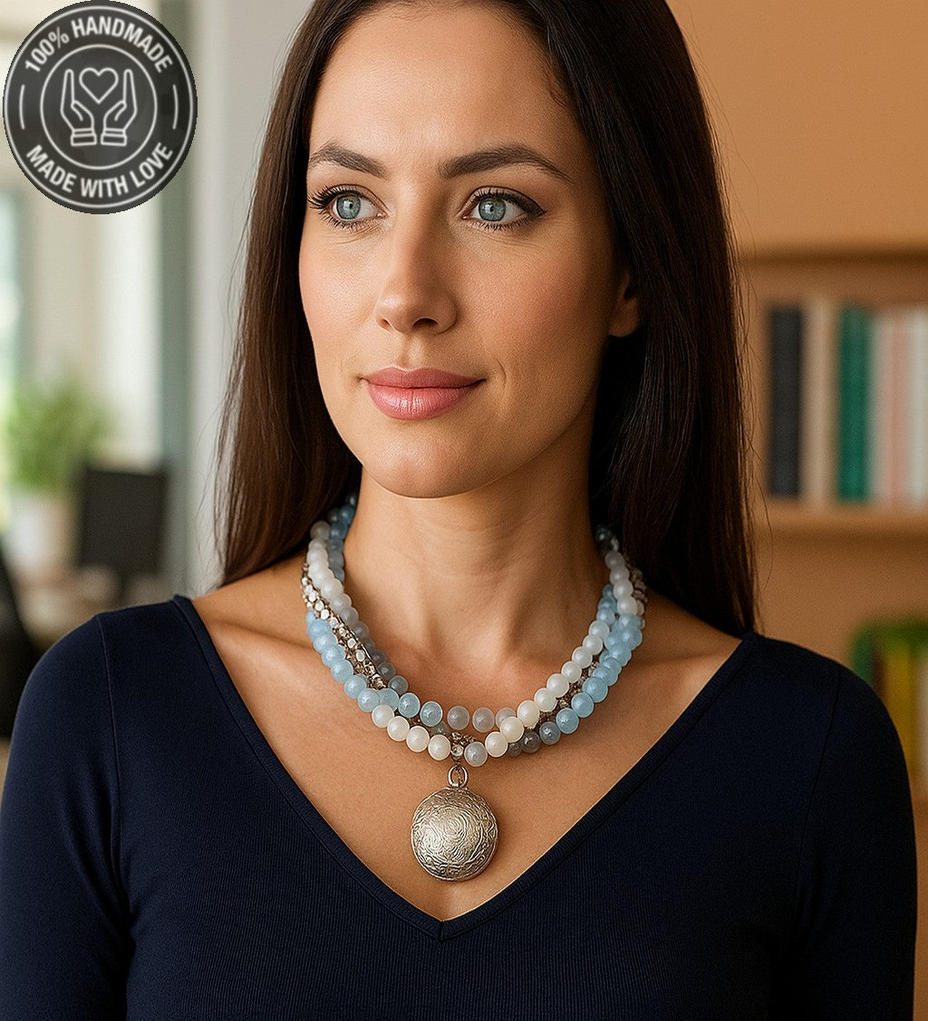 Buz Mavisi Akik Beyaz Aikik Kristal 3 Sıralı Kolye