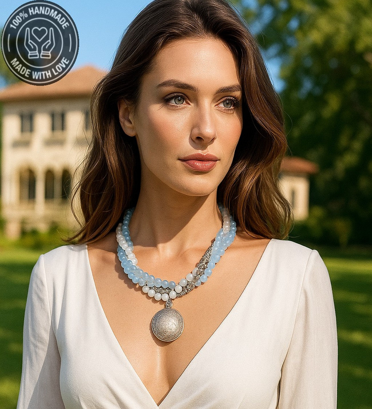 Buz Mavisi Akik Beyaz Aikik Kristal 3 Sıralı Kolye