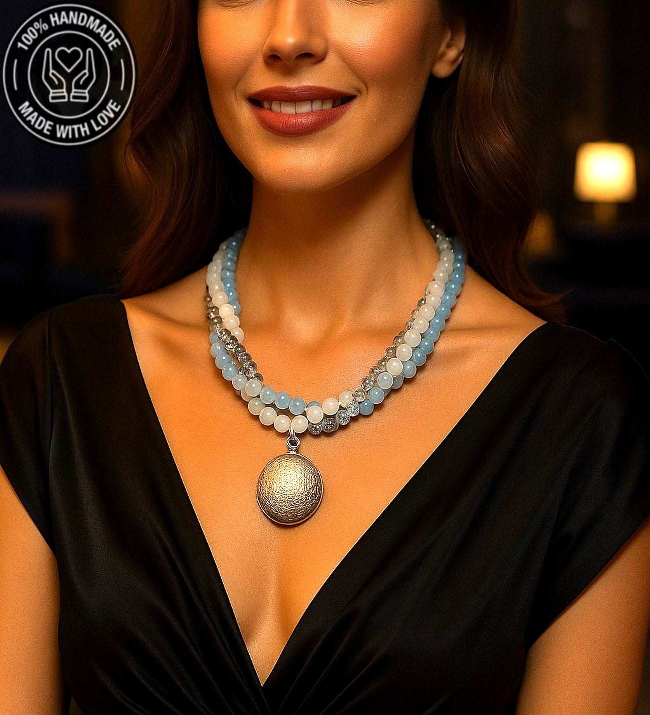 Buz Mavisi Akik Beyaz Aikik Kristal 3 Sıralı Kolye