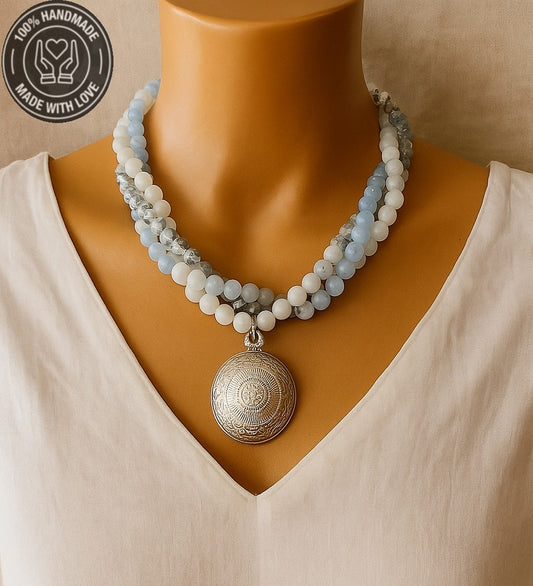 Buz Mavisi Akik Beyaz Aikik Kristal 3 Sıralı Kolye