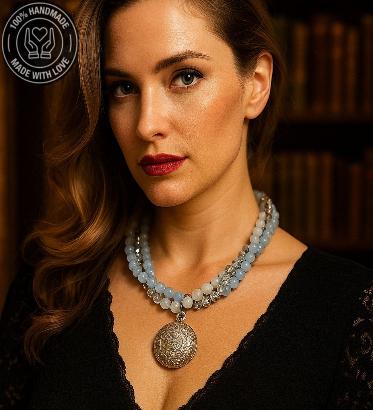 Buz Mavisi Akik Beyaz Aikik Kristal 3 Sıralı Kolye