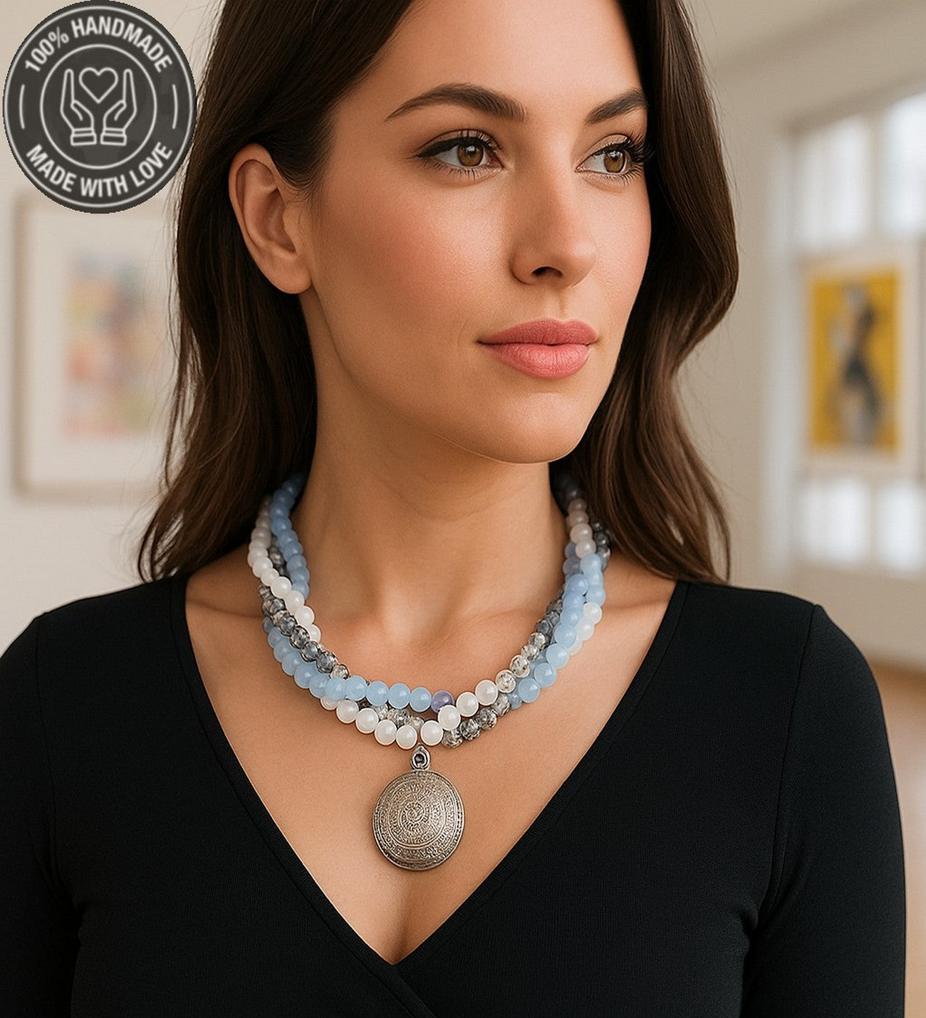 Buz Mavisi Akik Beyaz Aikik Kristal 3 Sıralı Kolye