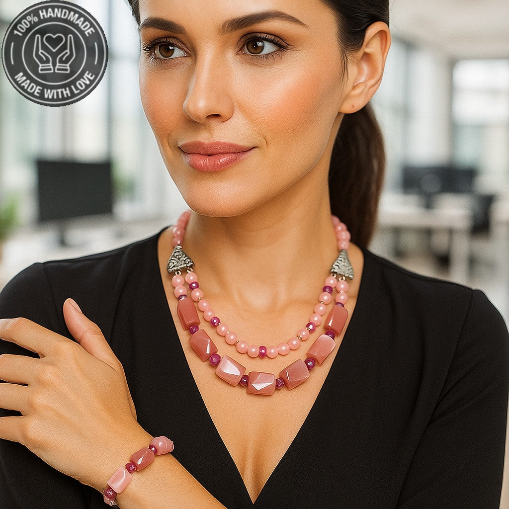 Pembe Sedef Pembe Kuvars Aşk Ve Zarafet Kolye Bileklik Seti