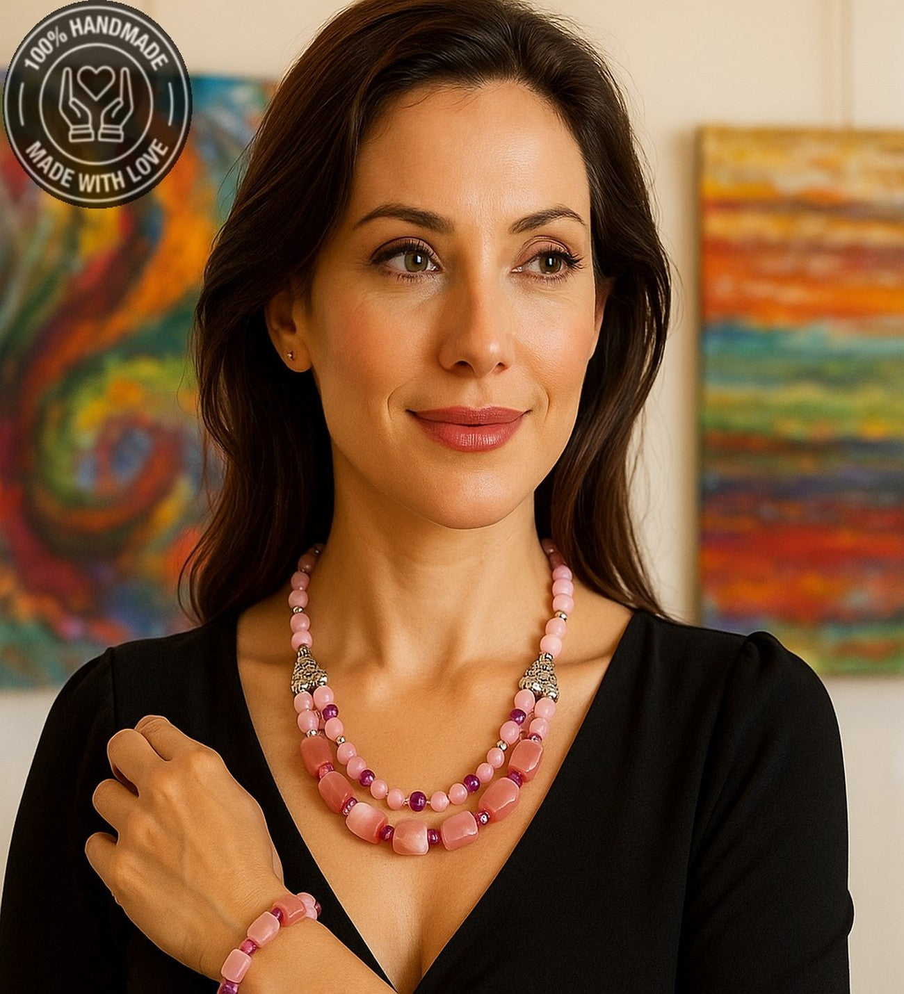 Pembe Sedef Pembe Kuvars Aşk Ve Zarafet Kolye Bileklik Seti