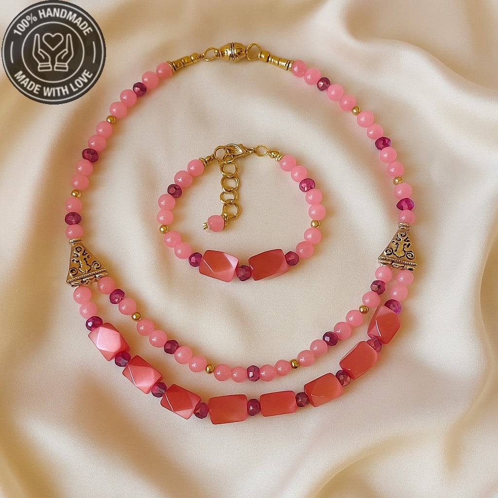 Pembe Sedef Pembe Kuvars Aşk Ve Zarafet Kolye Bileklik Seti