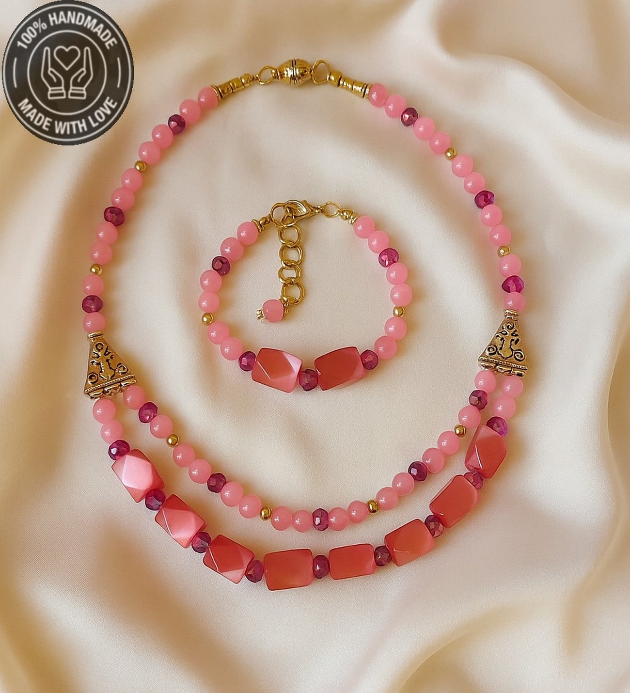 Pembe Sedef Pembe Kuvars Aşk Ve Zarafet Kolye Bileklik Seti