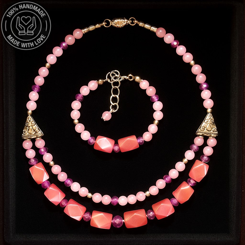 Pembe Sedef Pembe Kuvars Aşk Ve Zarafet Kolye Bileklik Seti