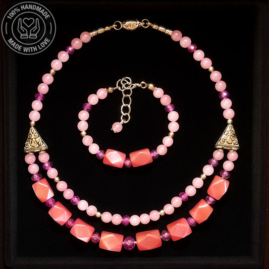 Pembe Sedef Pembe Kuvars Aşk Ve Zarafet Kolye Bileklik Seti