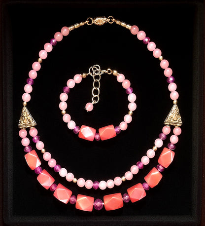Pembe Sedef Pembe Kuvars Aşk Ve Zarafet Kolye Bileklik Seti