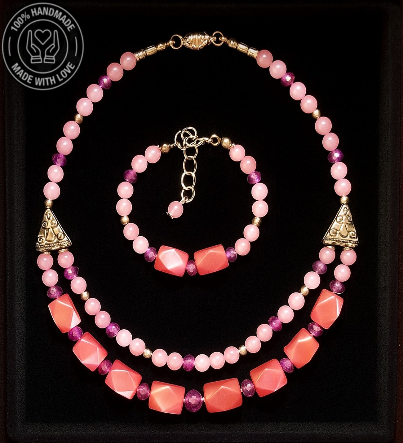 Pembe Sedef Pembe Kuvars Aşk Ve Zarafet Kolye Bileklik Seti