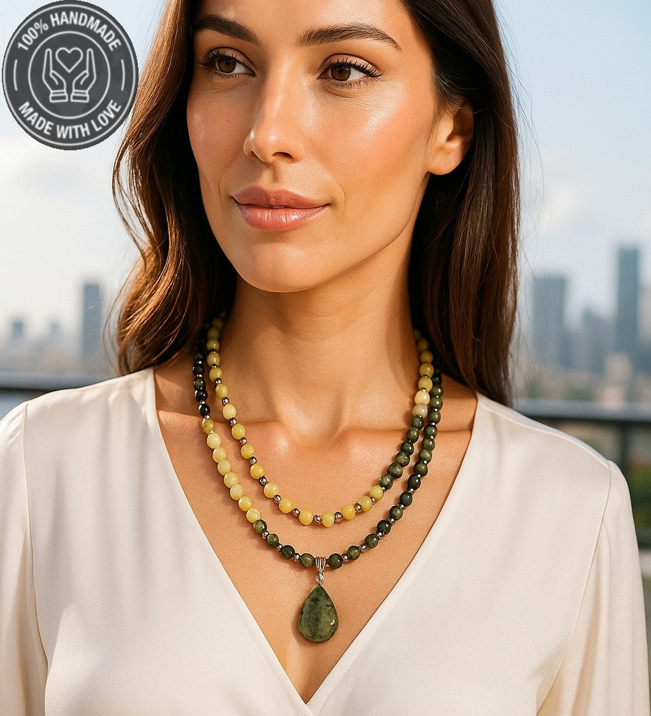 Peridot Yeşim Iki Sıralı Canlılık, Neşe Ve Pozitif Enerji Kolyesi