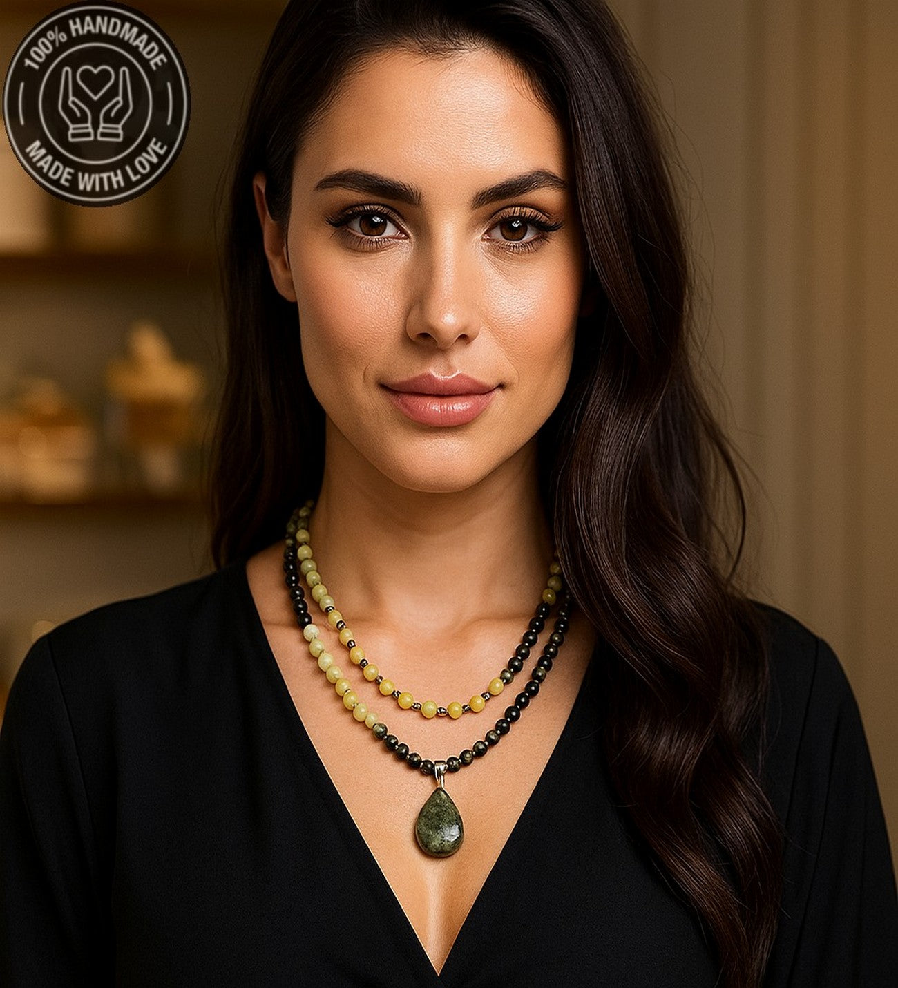 Peridot Yeşim Iki Sıralı Canlılık, Neşe Ve Pozitif Enerji Kolyesi