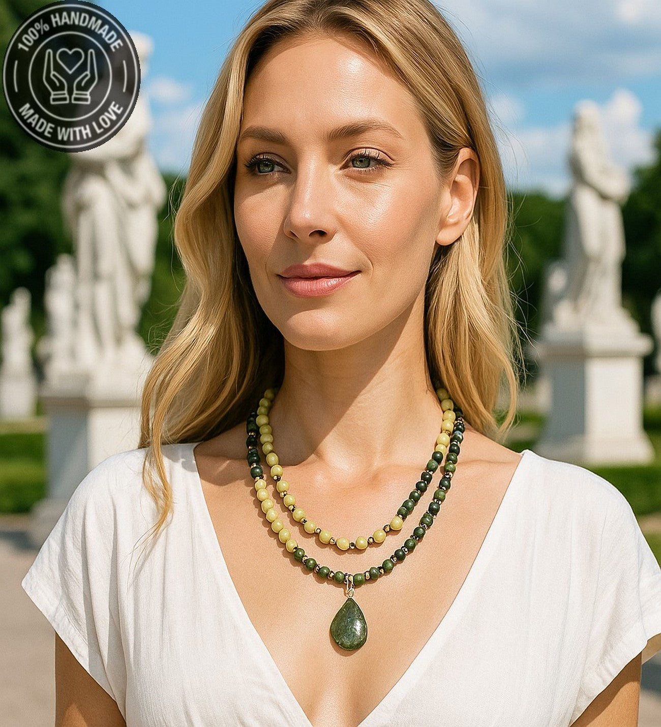 Peridot Yeşim Iki Sıralı Canlılık, Neşe Ve Pozitif Enerji Kolyesi