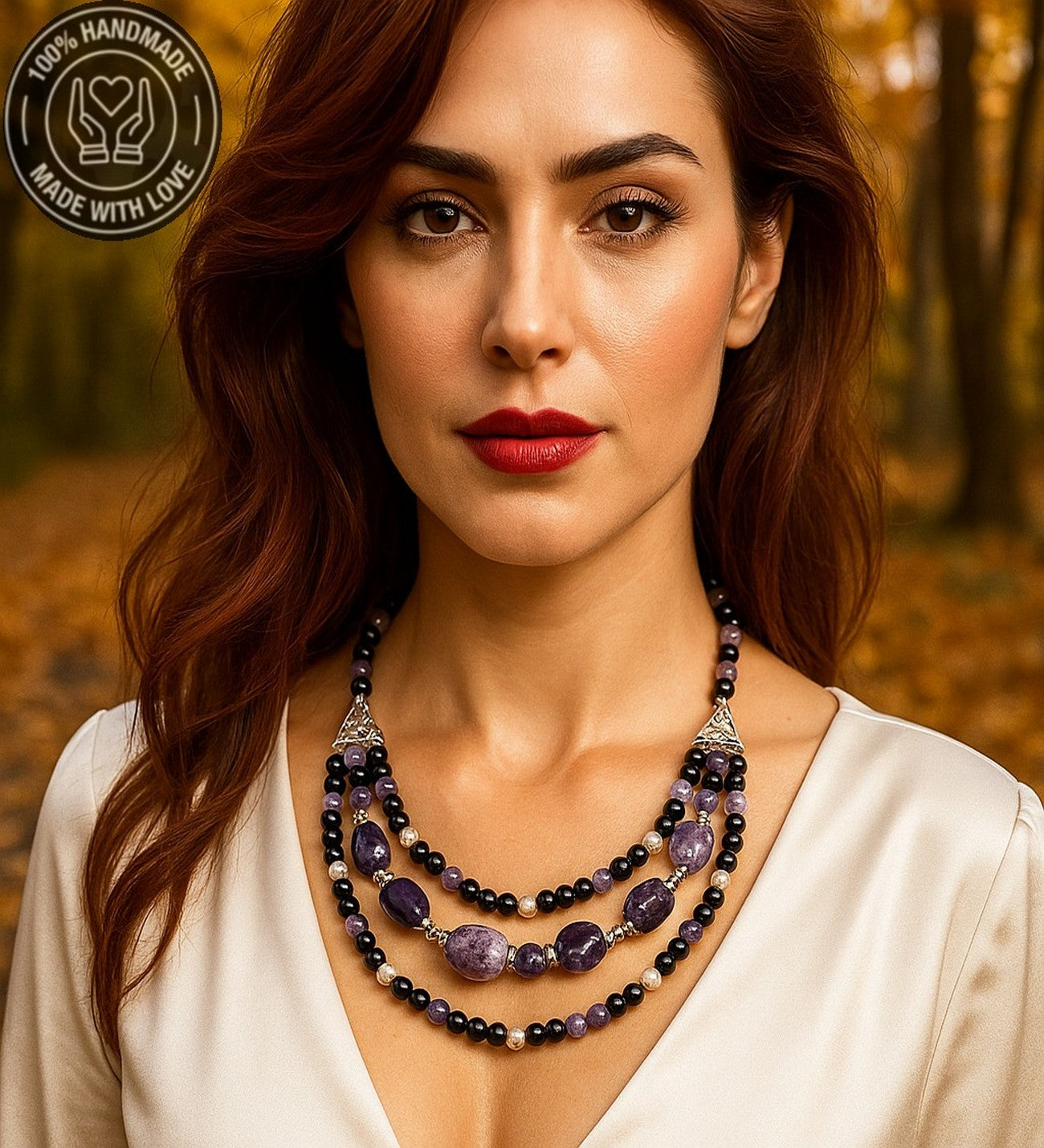 Ametist Oniks 3 Sıralı Özel Tasarım Depresyon Azaltma Ve Nazar Koruması Kolyesi