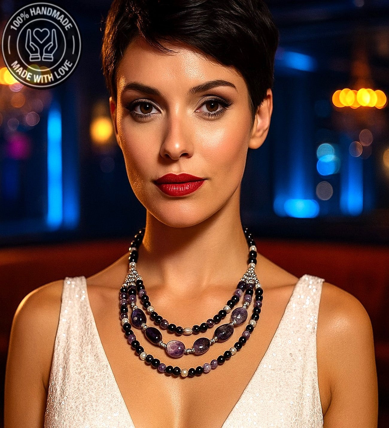 Ametist Oniks 3 Sıralı Özel Tasarım Depresyon Azaltma Ve Nazar Koruması Kolyesi