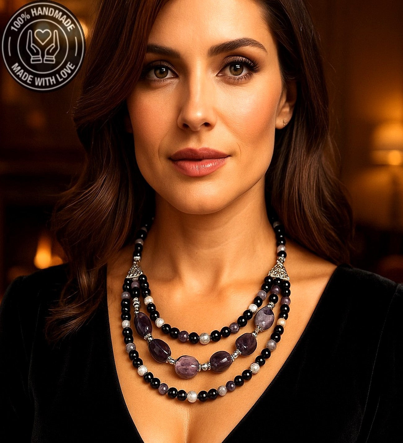 Ametist Oniks 3 Sıralı Özel Tasarım Depresyon Azaltma Ve Nazar Koruması Kolyesi