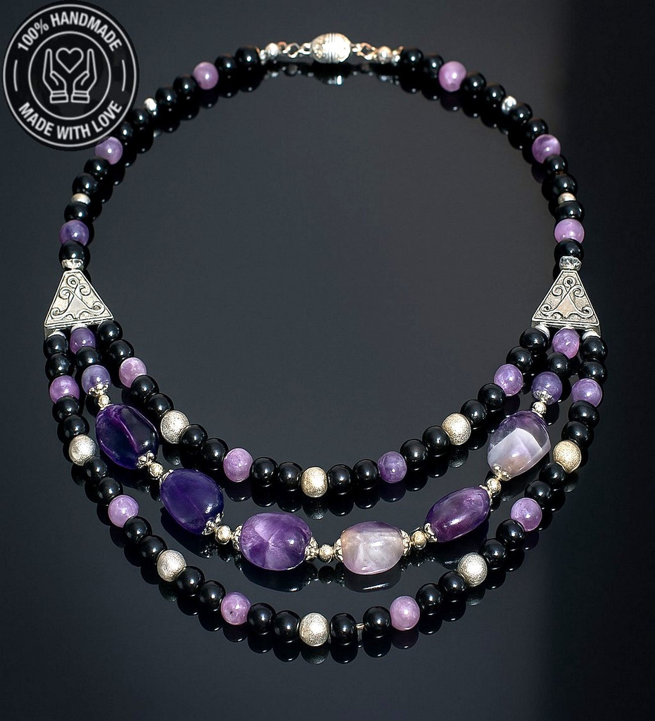 Ametist Oniks 3 Sıralı Özel Tasarım Depresyon Azaltma Ve Nazar Koruması Kolyesi