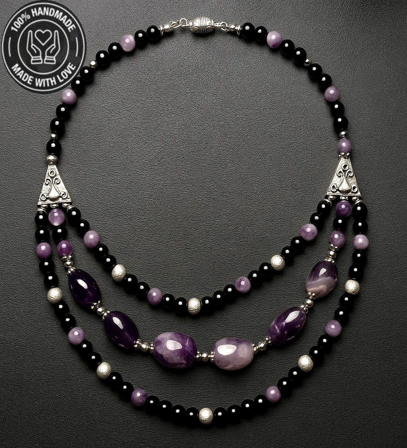 Ametist Oniks 3 Sıralı Özel Tasarım Depresyon Azaltma Ve Nazar Koruması Kolyesi