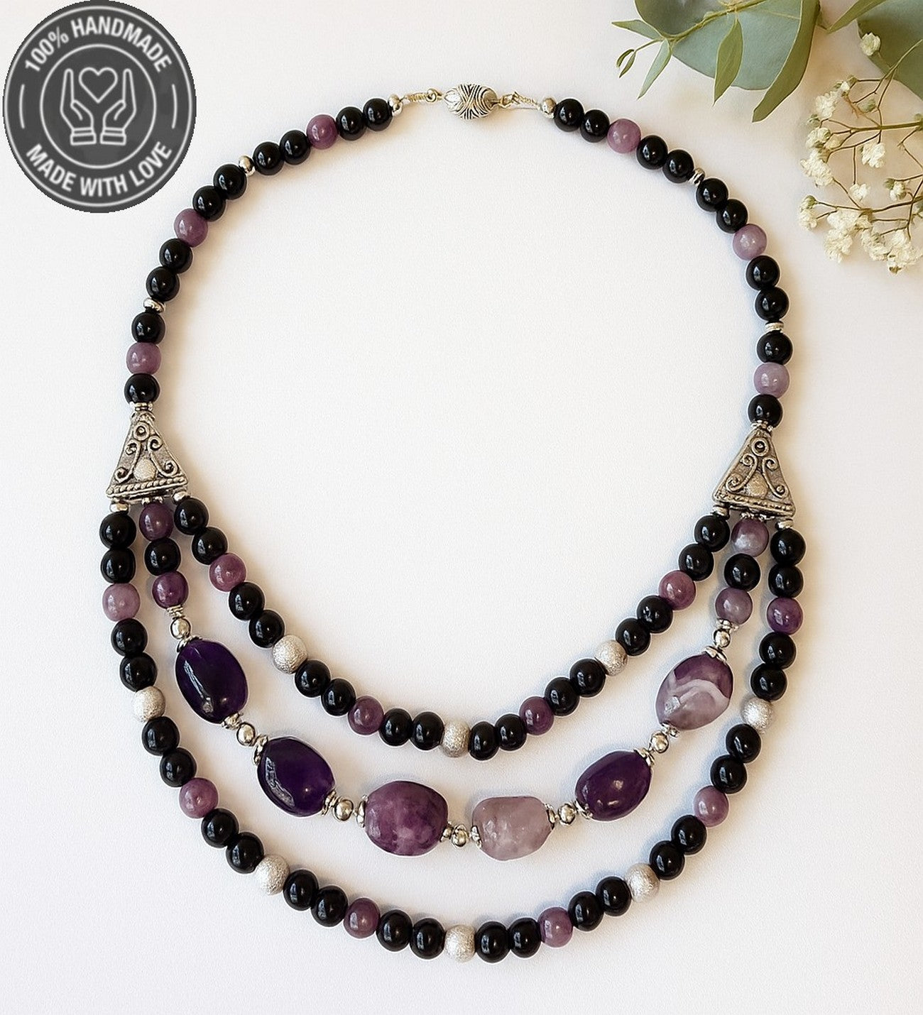 Ametist Oniks 3 Sıralı Özel Tasarım Depresyon Azaltma Ve Nazar Koruması Kolyesi