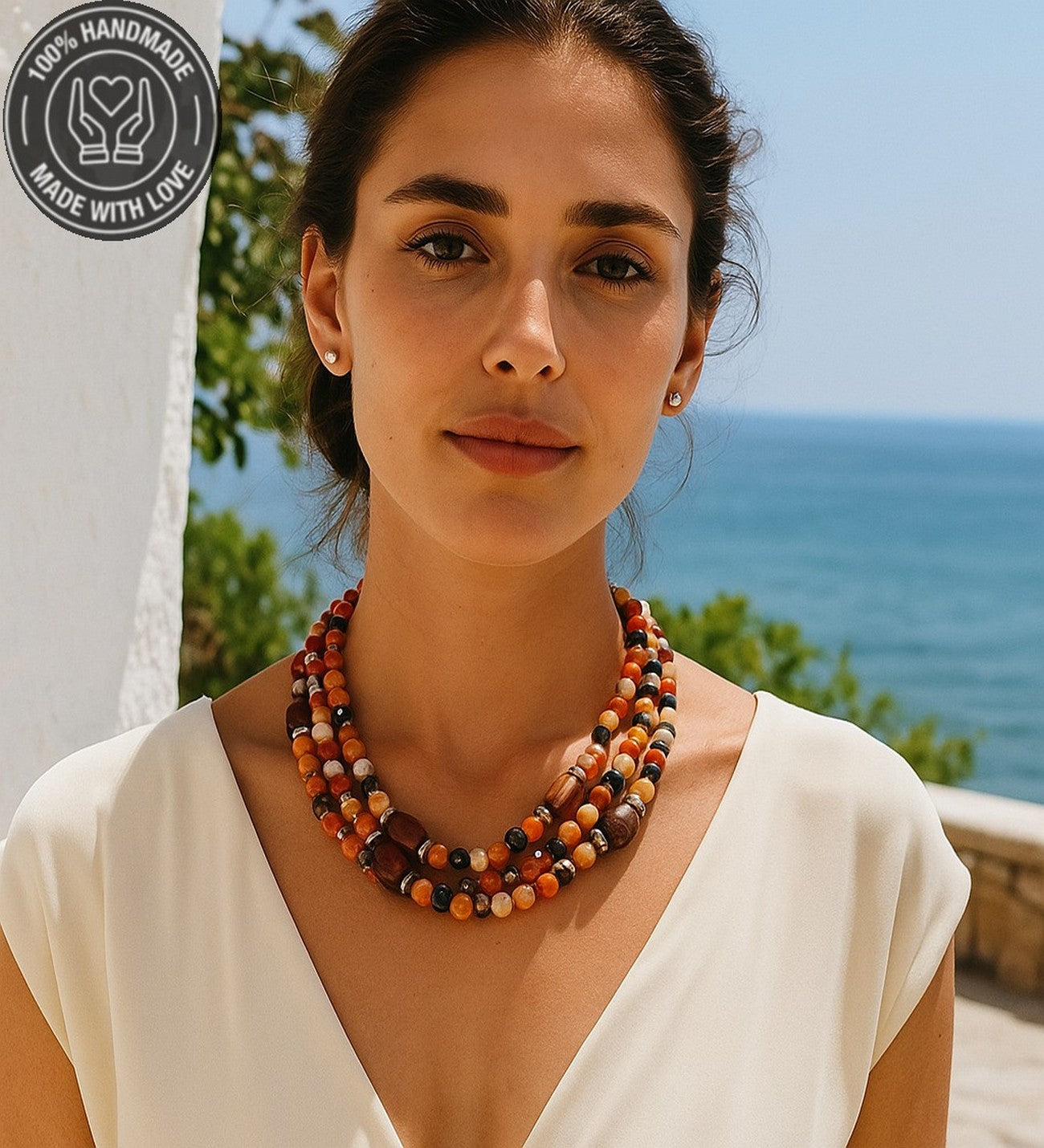 Premium Serisi Turuncu Kahverengi Akik 3 Sıralı Nazar Koruması Stres Azaltma Bereket Kolyesi