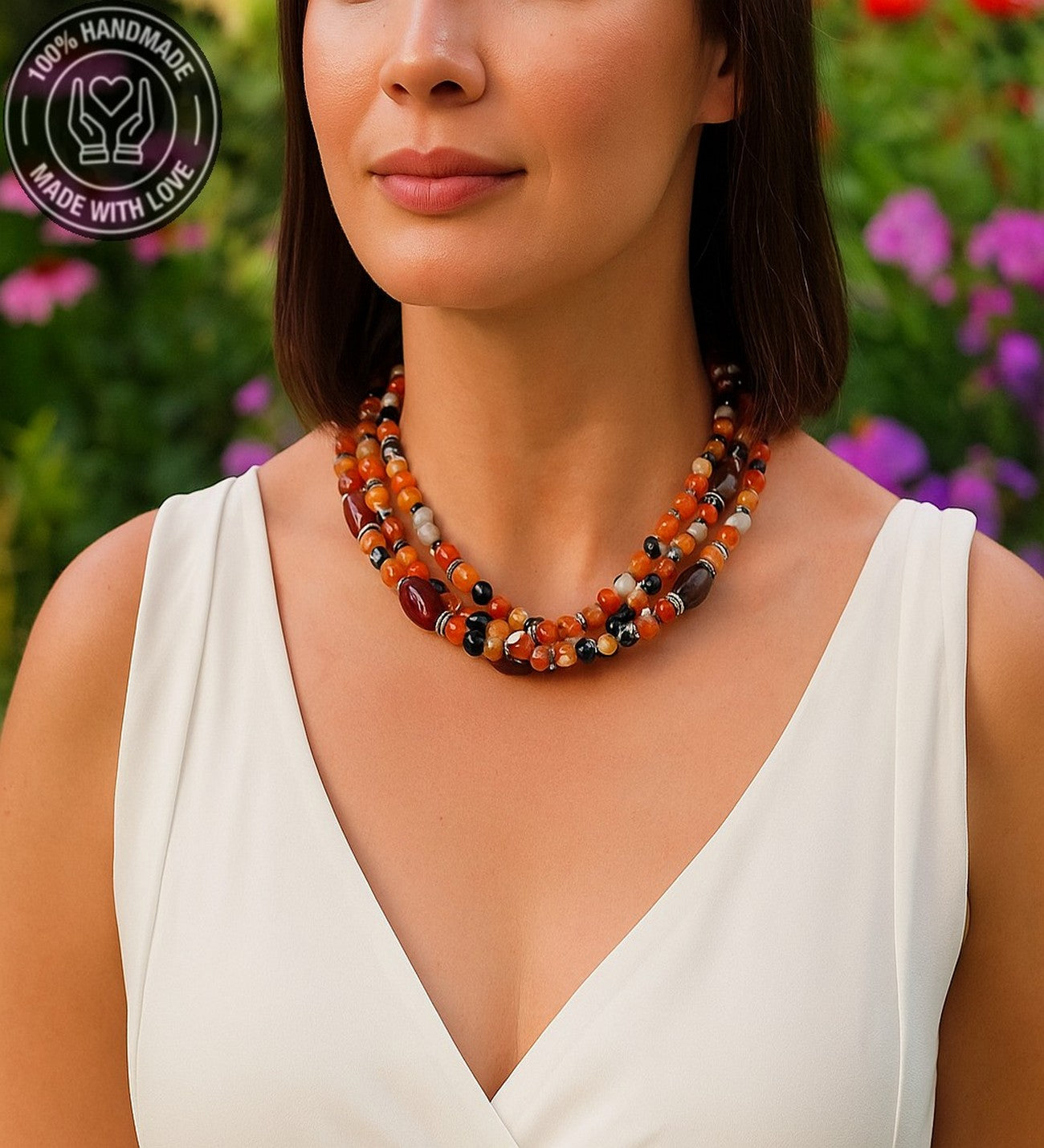 Premium Serisi Turuncu Kahverengi Akik 3 Sıralı Nazar Koruması Stres Azaltma Bereket Kolyesi