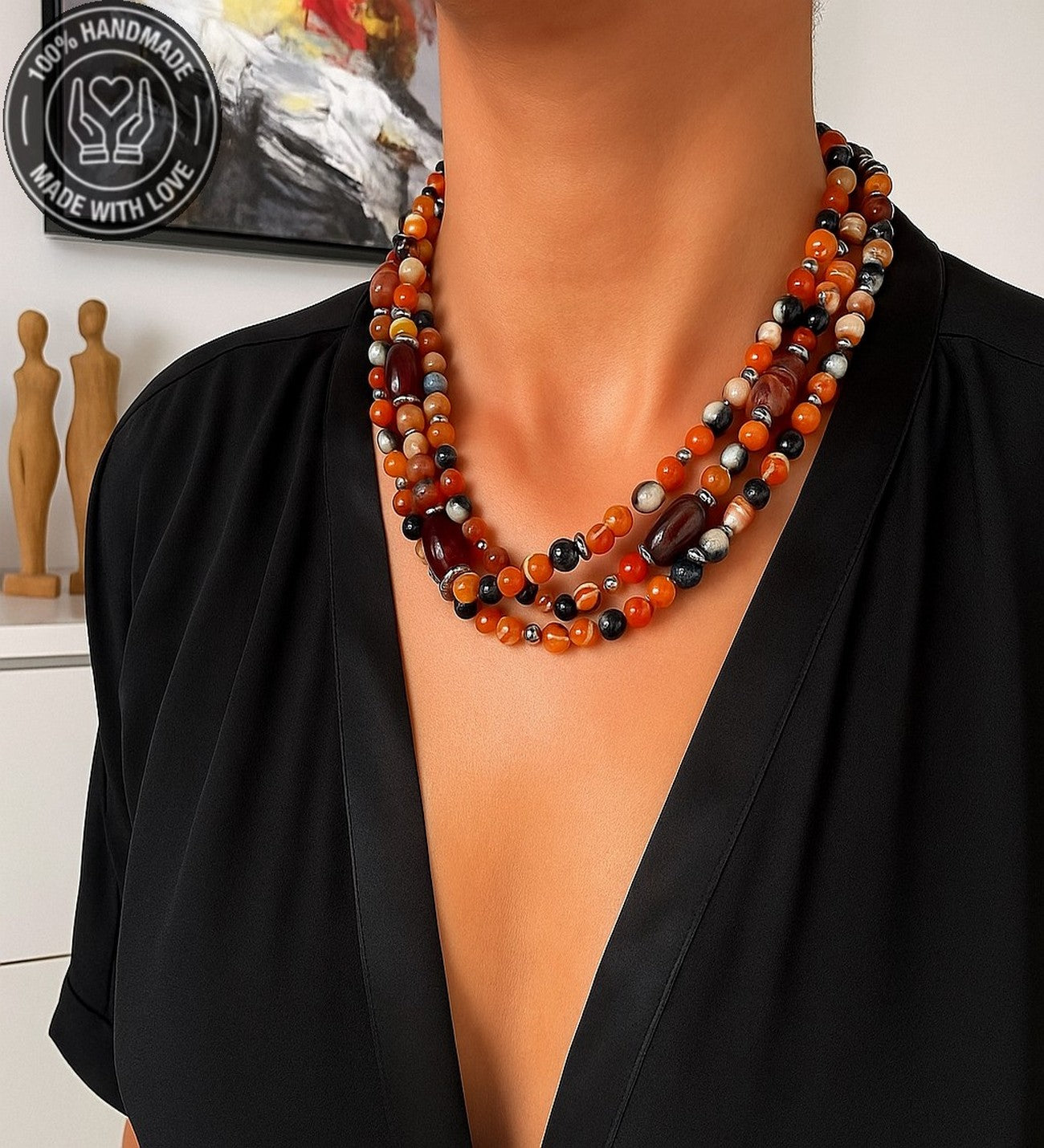 Premium Serisi Turuncu Kahverengi Akik 3 Sıralı Nazar Koruması Stres Azaltma Bereket Kolyesi