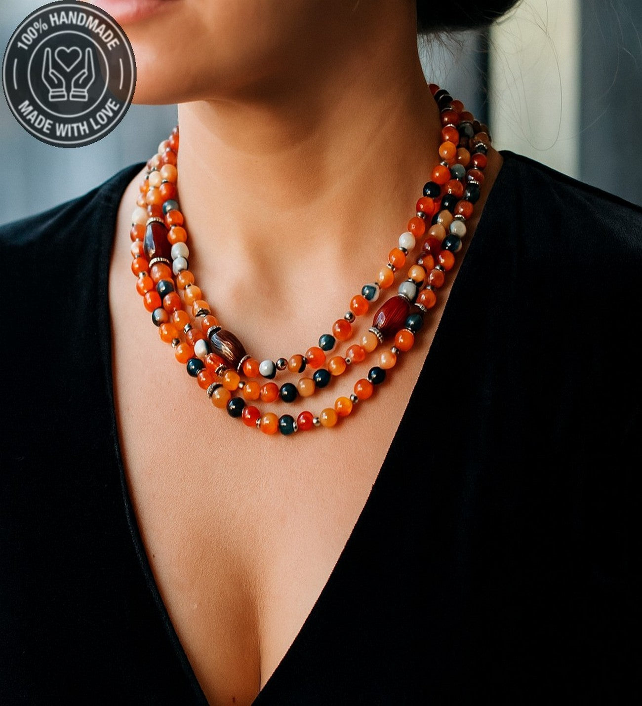 Premium Serisi Turuncu Kahverengi Akik 3 Sıralı Nazar Koruması Stres Azaltma Bereket Kolyesi